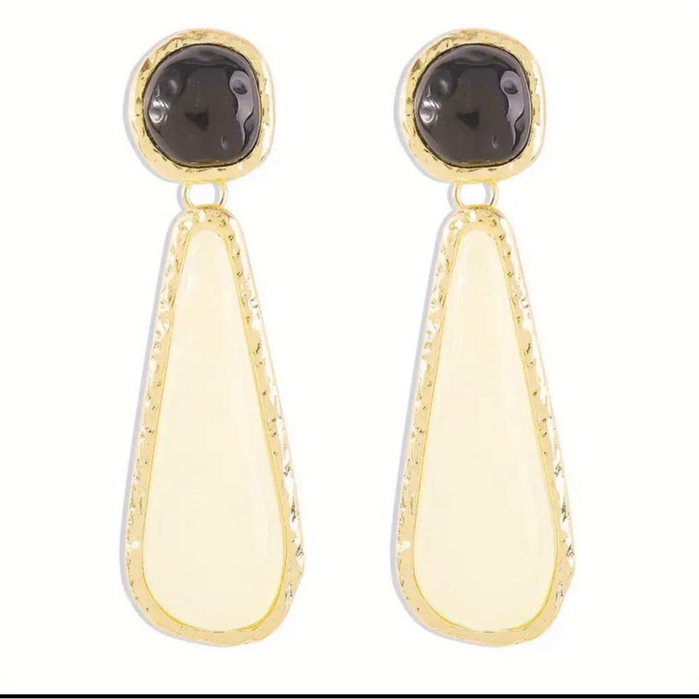 Geometric, Retro Teardrop Large Black, Hold, Cream Pendant Dangling Earrings - Picture 3 of 7